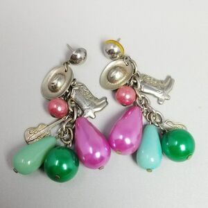 Vintage Pink Green Beaded Dangle Stud Earrings, Cowboy Cowgirl Country Theme